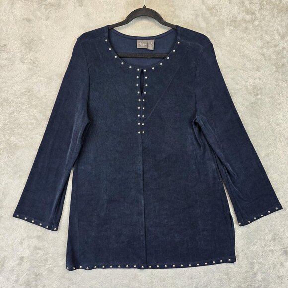 Chicos Travelers Top Womens Size 1 Navy Blue Studded Long Sleeve Jersey Tunic - Picture 1 of 10